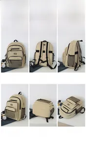 Vistas detalladas de mochila de lona beige con logo KFD y bolsillos de malla laterales
