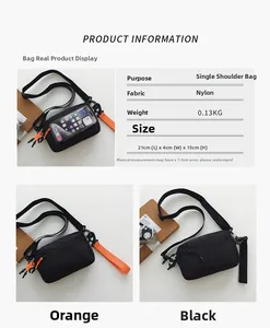 Detail view of nylon crossbody bag dimensions 21x4x15cm with adjustable shoulder strap