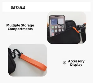 Detail view of black nylon messenger bag with multi-compartment storage and orange zip puller