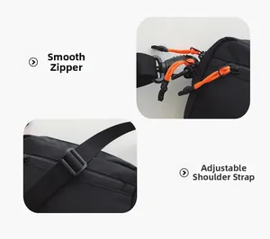 Detail of nylon bag showing smooth zippers with orange pulls and adjustable strap