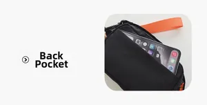 Close-up of the back pocket on a black nylon crossbody bag storing a mobile phone