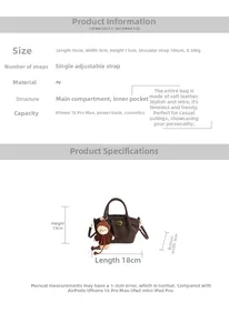 Detailed size chart showing dimensions of 18x9x15cm for this retro brown PU leather handbag