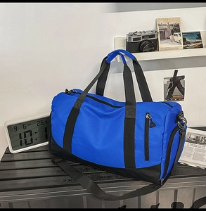 Deep blue fitness bag with independent shoe compartment and dry wet separation features