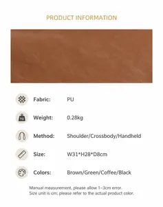 Detailed chart showing PU leather texture, 31x28x8cm dimensions and bag weight specs