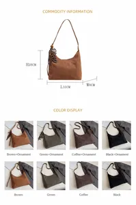 Size guide for large suede tote bag in four colors showing dimensions and charms
