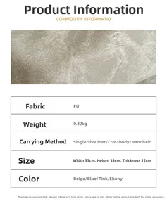 Detailed spec chart showing large PU leather bucket bag dimensions and four color options