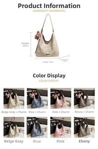 Detail of four retro tote bags in rice grey, blue, pink, and ebony with bear charms