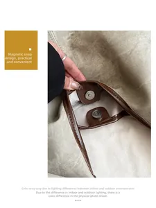 Detail of the magnetic buckle closure and internal zipper pocket in a canvas bucket bag
