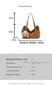 Detailed dimension guide for brown PU leather tote bag with stylish plush rabbit accessory