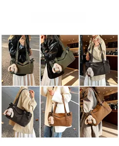 Collage of fashion tote bags in green, grey and brown with plush rabbit pendant charm