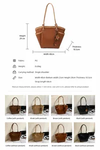 Tabella dettagliata delle dimensioni della borsa tote in PU e dei colori come marrone e nero