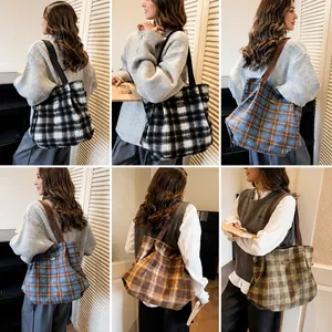 Detailed views of checkered woolen tote bags showing multi-color patterns on models