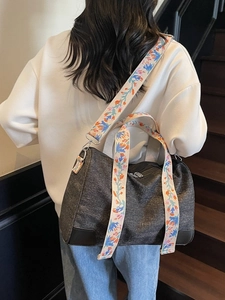 Fashionable dark grey large tote bag with floral embroidered strap for women