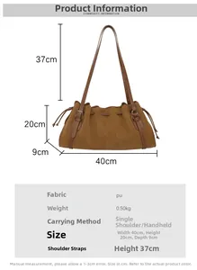 Detailed size specifications and dimensions for the brown pleated faux leather tote bag