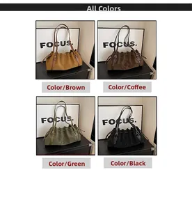 Detail view of retro pleated tote bags in brown, coffee, green, and black leather colors