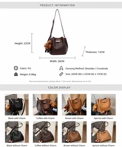 Size guide for PU leather bucket bag showing 26x22x12cm dimensions and available colors
