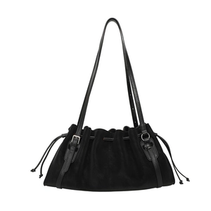 Minimalist black matte suede underarm tote bag with drawstring closure for women