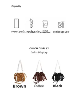 Capacity detail of plush bucket bag showing space for phone, umbrella, and cosmetics