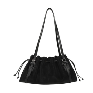 Bolso tote retro de ante negro con cierre de cordón y diseño de correa de cuero