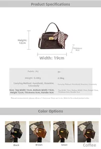 Guide des tailles pour sac en cuir PU affichant les dimensions 19x12x8cm et quatre couleurs