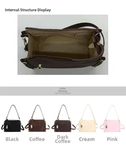 Detail view of rectangular crossbody bag interior and five available color options