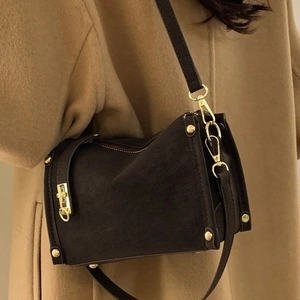 Retro dark brown textured leather shoulder bag with gold hardware and rivets for women