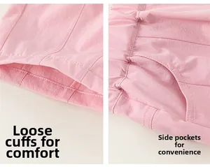 Detailed close-up of girls pink casual trousers featuring wide leg hems and side pockets