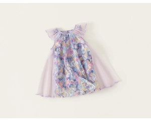Close-up of lavender tulle girl dress with floral embroidery and ruffle sleeves