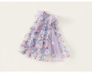 Detail of girls purple fairy dress with colorful 3D flower mesh and soft ruffled sleeves