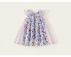 Detail view of the purple girl's dress with 3D floral texture and mesh ruffle sleeves