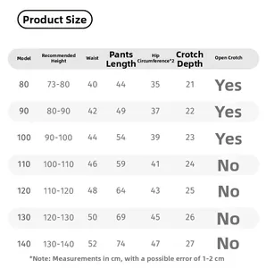 Detailed size chart for girls cotton casual pants including height and measurements