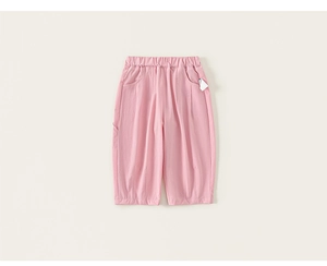 Detail view of pink cotton casual kids pants featuring elastic waistband and side pockets