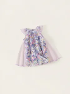 Girls purple fairy tulle princess dress with butterfly sleeves and floral appliques