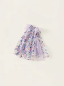 Purple girls princess dress with 3D floral mesh and ruffled sleeves for kids