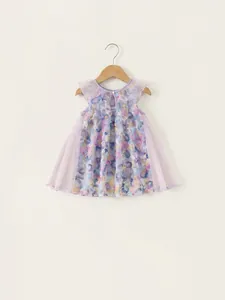Girls purple fairy tulle princess dress with colorful floral embroidery and ruffle sleeves