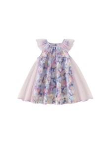 Girls purple fairy tulle princess dress with flutter sleeves and 3D floral appliques