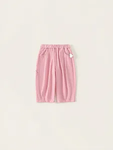 Girls Pink Casual Long Pants Nylon Spandex Soft Breathable Elastic Waist Cuffed Pants Sweet Heart Embroidery Kids Clothing
