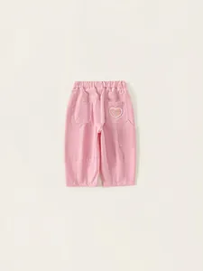 Pink cotton girls' casual pants with elastic waist and cute heart butter bear embroidery