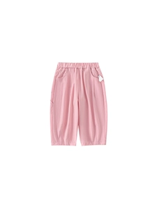 Girls soft pink cotton casual trousers with elastic waist and pleated front details
