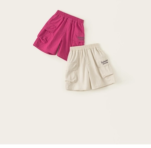 Close-up of kids cargo shorts with elastic waist and Good Day letter embroidery