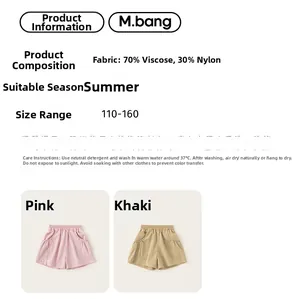 Size chart and fabric details for kids viscose nylon summer shorts in pink and khaki