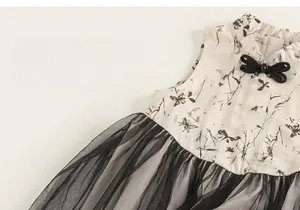 Detail of Chinese style dress with ink butterfly print and mesh pleats