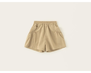 Close-up of kids casual cotton shorts with elastic waistband and large side pockets