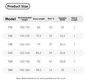 Size chart table for girls' ink print dress with measurements for length and chest