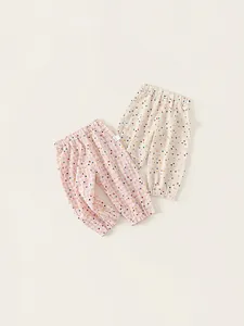 Pantalon Décontracté en Mélange de Coton pour Filles Été Léger Motif à Pois et Carreaux Taille Élastique Vêtement Quotidien
