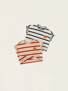 T-Shirt Enfant Rayé Avec Patch de Tournesol Vintage Coton Décontracté Manches Courtes Col Rond Été Haut Pull