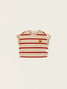 T-shirt enfant à rayures rouges en coton avec broderie tournesol et coupe décontractée