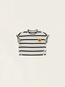 T-shirt rayé noir et blanc pour enfants avec broderie tournesol et fentes latérales