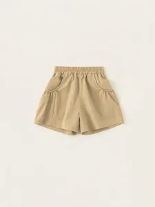 Kids minimalist khaki cotton linen shorts with elastic waist and cargo pockets