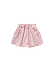 Pink elastic waist cotton shorts for kids with cargo pockets and textured fabric